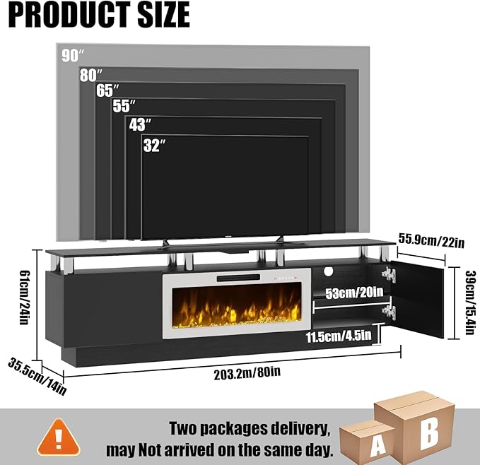 80 Modern Fireplace TV Stand with 36 Electric Fireplace for TVs Up to 90 inch Luxury LED Light Entertainment Center with High Gloss Cabinet Black + Silver Posts with White Fireplace