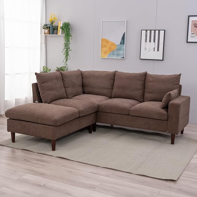 Panana 5 and 6 Seater Convertible Sectional Sofa CouchL-Shape with Universal Corner and Bulit-in USB Charging Port Chaise (Brown Linen Fabric 5 Seater Corner with Built-in USB Port Chaise)
