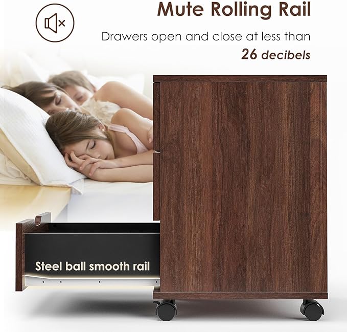 3-Drawer Mobile File Cabinet with Locking Casters Under Desk Filing Cabinet Rolling Wood Storage for Home Office Compact Vertical Organizer for A4/Letter Files (Brown)