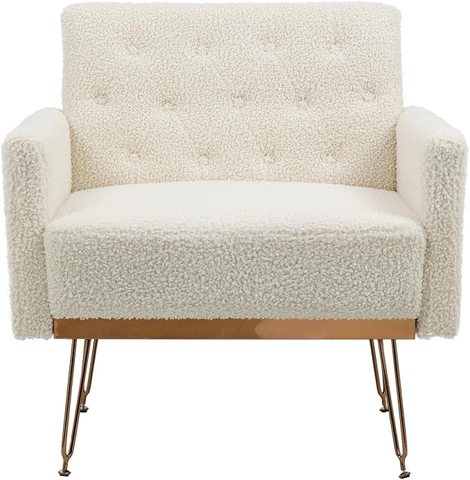 KEIKI Small Teddy Accent Chair 31 Inch Modern Tufted Upholstered Armchair with Metal Leg Comfortable Single Sofa Side Reading Chairs Comfy Arm Chair for Bedroom Living Room Easy Assembly White