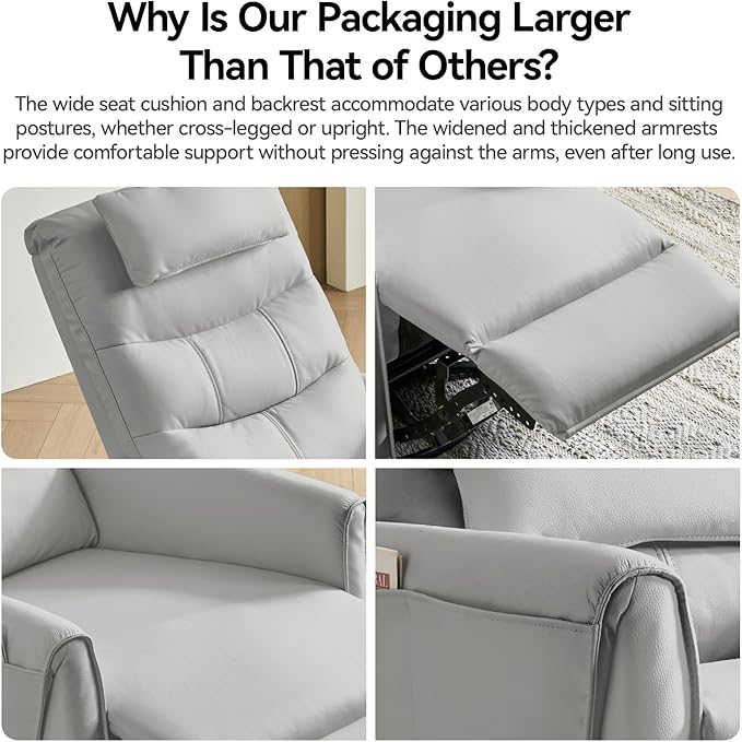 AIRSKY Leather Recliner Chair Top Grain Leather Italian Water-Washing Process Movable HeadrestRecliner Chairs for Adults Nursery Rocking ChairsSwivel Rocker Recliner Living Room ChairGreyR3