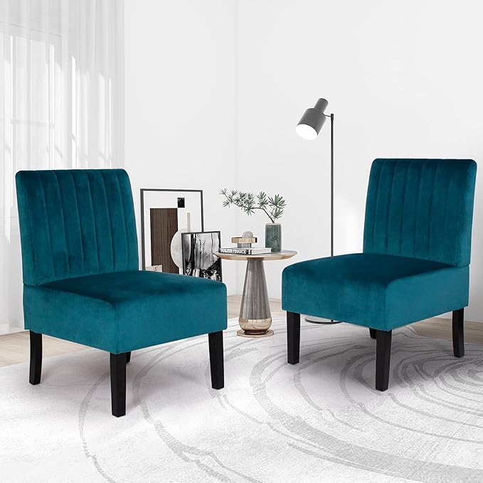STHOUYN Mordern Velvet Armless Accent Chair Set of 2 Decorative Slipper Chair Vanity Chair for Bedroom Desk Corner Side Chair Living Room Furniture White (2 Blue)