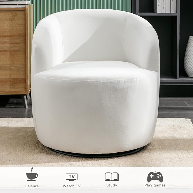 FOXHUNTER Swivel Barrel Chair 360° Small Single Sofa Armchair Comfy Round Sofa Chair Boucle Chairs Padded Armchair Modern Round Accent Arm Chairs for Living Room Bedroom Velvet White