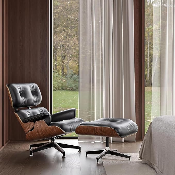 Mid Century Chaise Lounge Chair and Ottoman Reading Chair Leather Accent Chair Modern Chair Classic Design Heavy Duty Base Support for Living Room (Palisander-Black Tall)