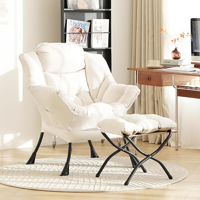 LITA Lazy Chair with Ottoman Modern Accent Leisure Upholstered Sofa Contemporary Lounge Reading Chair with Armrests and a Side Pocket for Living Room Bedroom &amp Small Space Beige