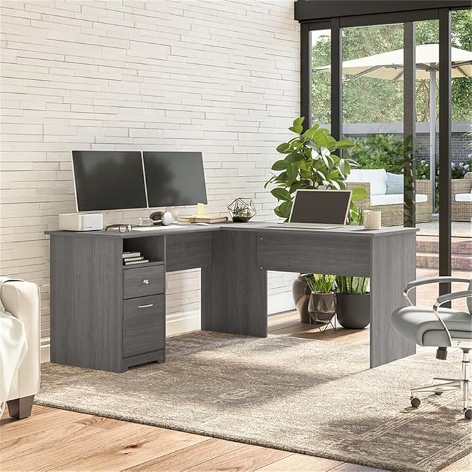 Bush Home Cabot 60W L Shaped Computer Desk with Drawers Modern Gray