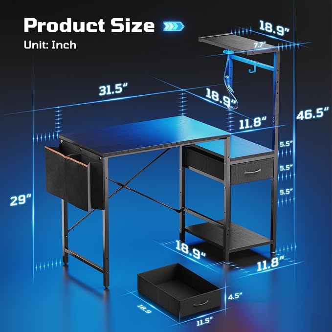 Bestier 44 Inch Gaming Desk for Small Spaces Reversible Computer Desk with Drawers &amp Shelves Modern Gamer Desk Table with Side Bag &amp Headphone Hook for Home Office Black