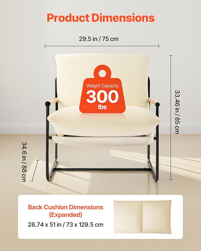 VEVOR Accent Chair Metal Framed Chair with Wooden Armrests Modern Cozy Upholstered Armchair with Soft Foam Cushioning Detachable Cushion for Living Room Bedroom Reading Room Office Beige