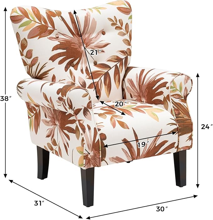 MELLCOM Mid Century Wingback Arm ChairModern Upholstered Fabric High Back Accent Chair with Wood LegsUpholstered Single Sofa Club Chair for Living Room Bedroom Home Office Red Leaves