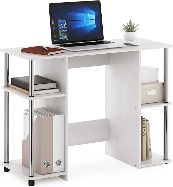 Furinno JAYA Desk 38.4 Wide Gaming Desk Computer Study Desk Office Desk with Side Shelves Open Storage for Home Office Bedroom Dorm Study Room White Oak/Stainless Steel