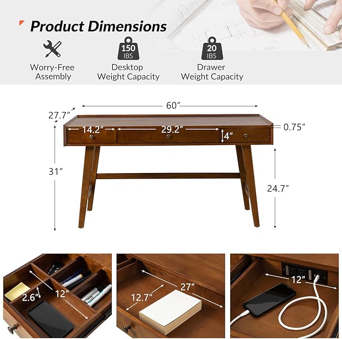HULALA HOME Home Office Desk with 3 Drawers &amp Solid Wood Legs Writing Table with Charging Station &amp Cable Management Mid Century Modern Desk for Bedroom/Living Room/Study/Workstation Walnut