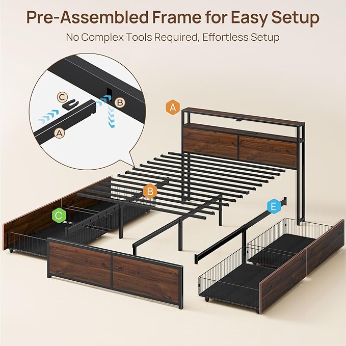 Rolanstar Twin Bed Frame with 4 Storage Drawers &amp 2-Tier Storage Headboard Metal Platform Bed Frame with Charging Station &amp LED Lights Noise-Free No Box Spring Needed Easy Assembly Espres
