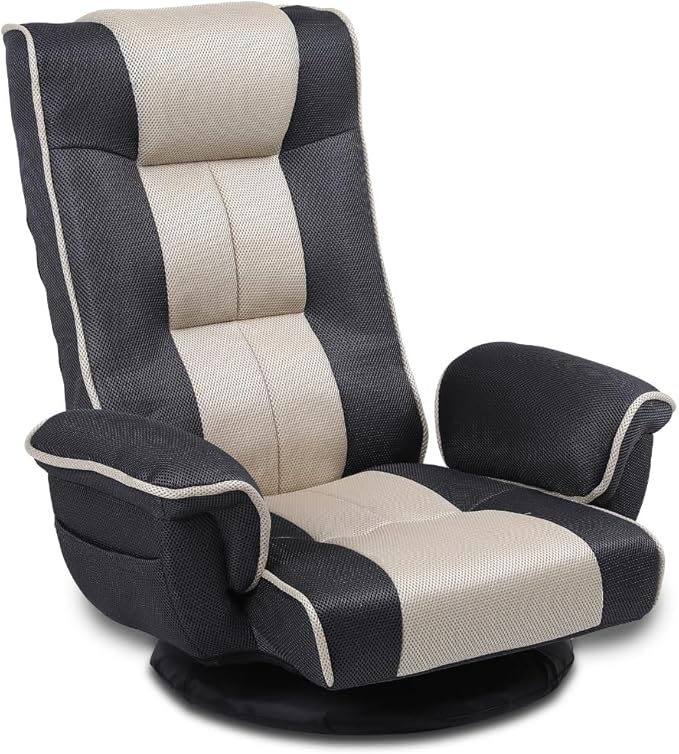FLOGUOR 360 Degree Swivle Adjustable Floor Chair Chaise Lounge Indoor Folding Lazy Sofa with Armrests and Side Pocket Adults Gaming Chairs for Living Room Bedroom Factory Price 201 (BK-GR)