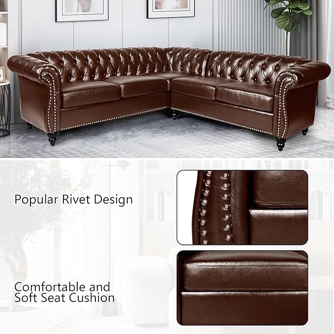 QHITTY Sectional L-Shaped Sofa Chesterfield Faux Leather Couch 5 Seater Upholstered Small Accent Tufted Sofa with Nailhead Design and Rolled Armrest for Living Room Apartment Office (Dark Brown)