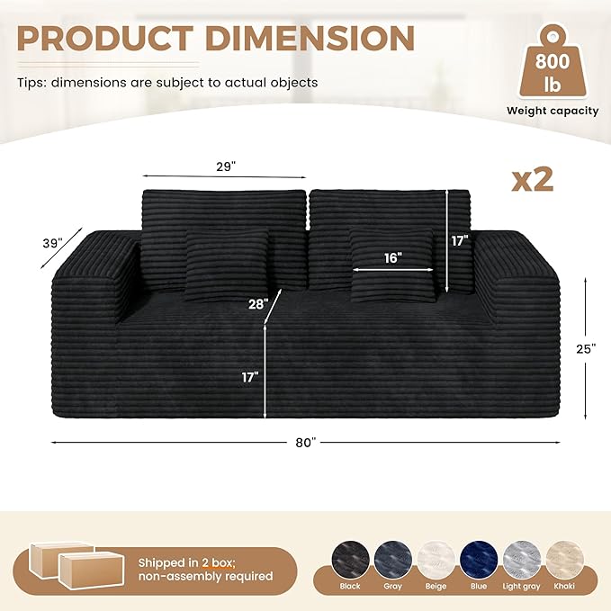 80'' Modern Cloud Loveseat Sofa Set of 2 No Assembly Required Deep Seat Comfy Small Couches Includes 2 pcs Pillows for Living Room Bedroom Apartment(Black)