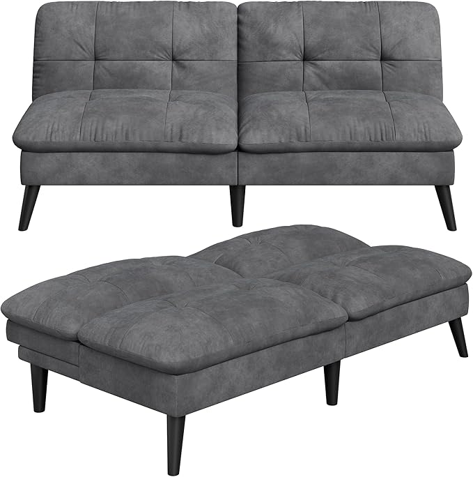 Vongrasig Futon Sofa Bed Velvet Futon Couch with Adjustable Backrest Small Convertible Folding Sleeper Sofa Bed Modern Loveseat for Living Room Bedroom and Small Space (Grey)