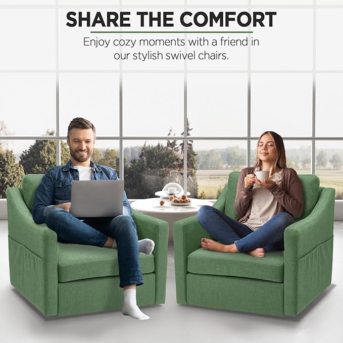 HOMREST Swivel Accent Chair Sets of 2 360° Rotation Linen Fabric Armchair Modern Barrel Chairs with Lumbar Pillow for Reception Living Room Bedroom Home and OfficeGreen