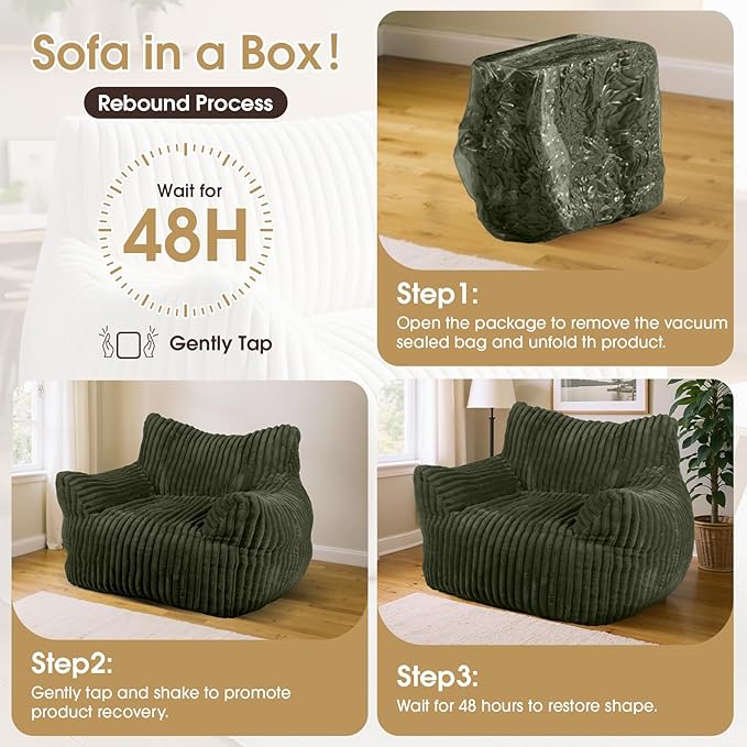 Giant Bean Bag Chair with Ottoman Oversized Plush Comfy Bean Bag Sofa for Adults and Kids Memory Foam Mini Couch Single Lounges for Living Room Bedroom &amp Game Room(Green)