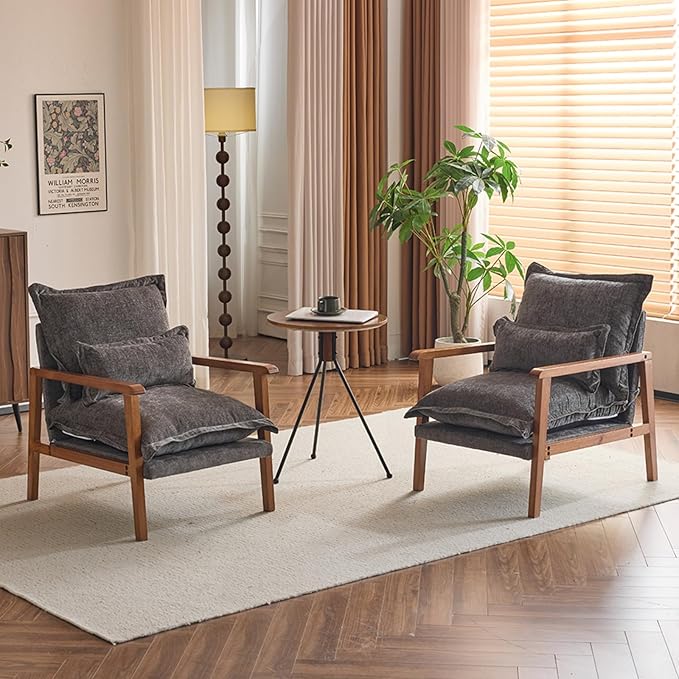 Karl home Midcentury Accent Chair for Living Room Chenille Upholstered Lounge Armchair with Lumbar Pillow Ruffle-Designed Cozy Reading Chair with Wood Legs Gray