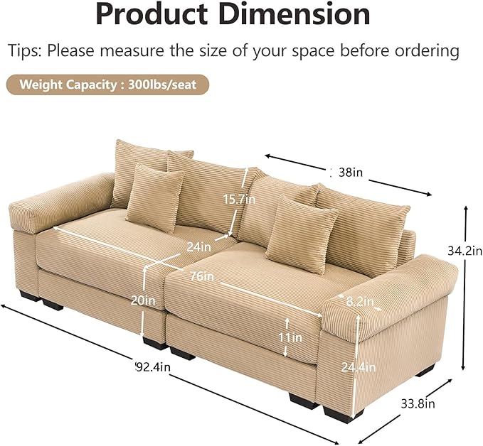 92 Corduroy Sectional Couches for Living Room Camel Comfy Oversized Sectional Sofa Set with Deep Seat Large Love Seat Couches Sofas para Sala Loveseat Couch with Chaise Lounge