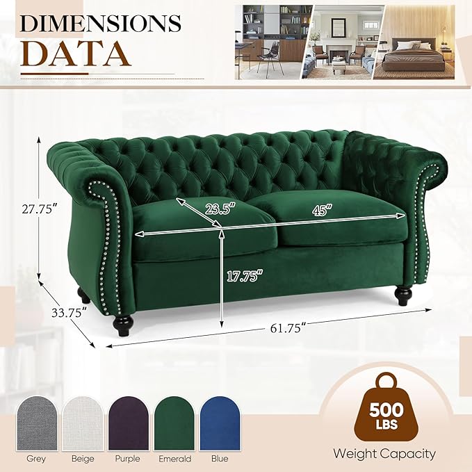 61W Mid Century Modern Chesterfield CouchUpholstered Velvet Loveseat Sofa with Button Tufted &amp Rolled ArmrestsComfy Deep Seat Sofa with Nailhead Trim &amp Gourd Legs for Living RoomApartment(