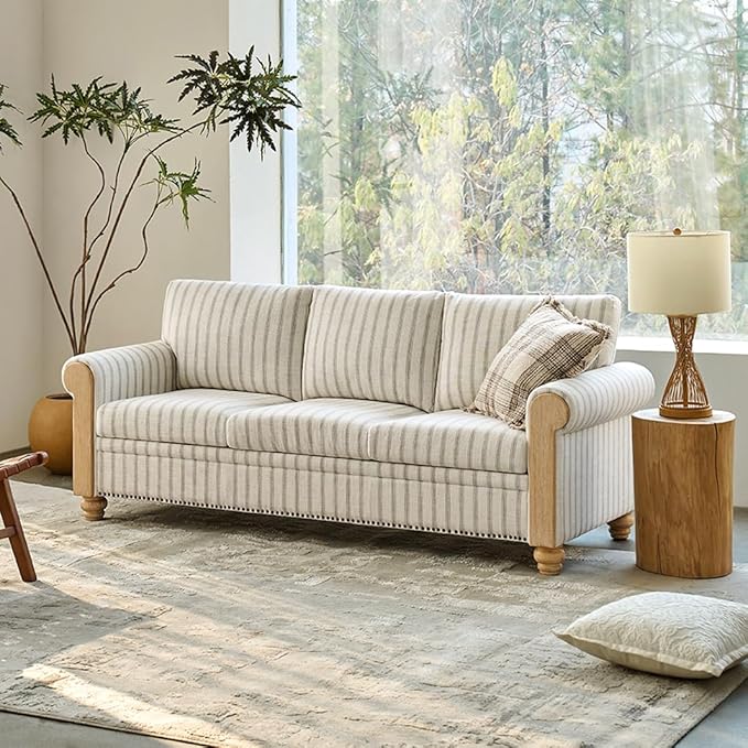 EcoHarbor Living 3-Seater Couch Stripe 81 Mid-Century Modern Upholstered Sofa with Armrests Stripe Couches for Living Room Bedroom Office Apartment