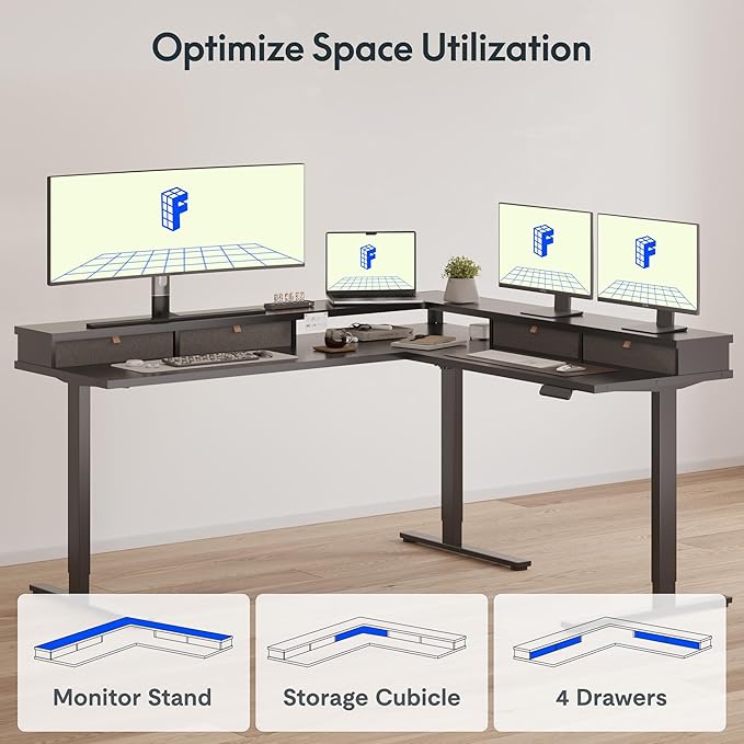 FLEXISPOT 63 L Shaped Standing Desk Electric Corner Table with Monitor Shelf 4 Storage Drawers Adjustable Computer Workstation for Home Office Game Studio Black Top + Black Frame