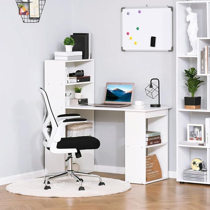 Modern Home Office Desk with Storage Shelves - 47 White Writing Table for Computer &amp Books
