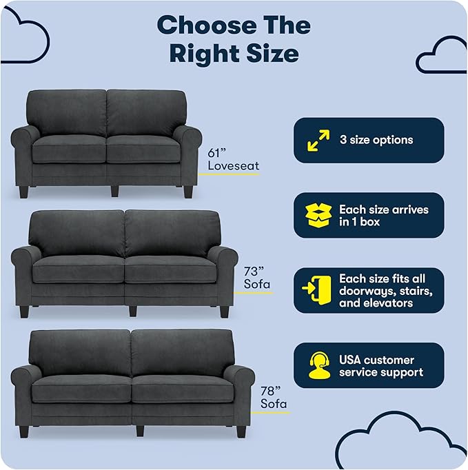 Serta Copenhagen 61 Rolled Arm Sofa Easy Care Polyester Soft Pillow Back Pocket Coil Seat Cushions Removable Covers Loveseat or Couch for Small Spaces Living Rooms or Bedrooms Charcoal