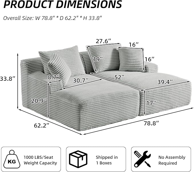 Oversized Double Chaise Lounge Chair Indoor Fluffy Upholstered Corduroy Sofa Bed with Throw Pillows Comfy Sleeper Deep Seat Sectional Loveseat Sofa Couch for Living Room (Light Gray)
