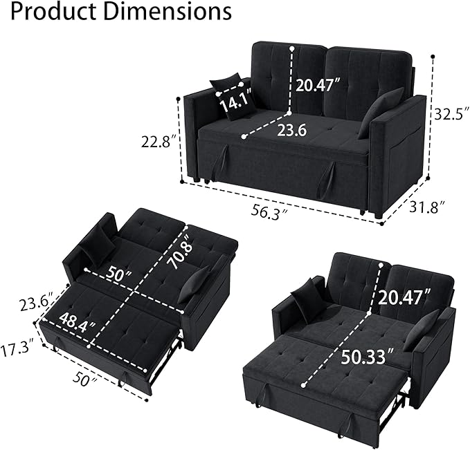 Pull Out Sofa Bed: 56 Black 3 in 1 Convertible Sleeper Sofa Bed Velvet Loveseat Sleeper Couch with Storage Comfy Futon Couch Beds for Living Room | Velvet