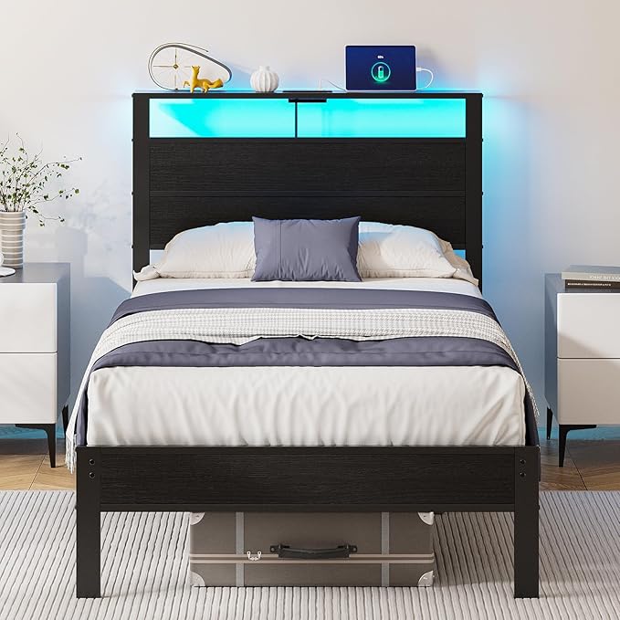 Twin Bed Frame with LED Lights &amp USB Charging Station Black Metal Platform Bed with Storage Headboard Under-Bed Space Noise-Free &amp Sturdy No Box Spring Needed Easy Assembly