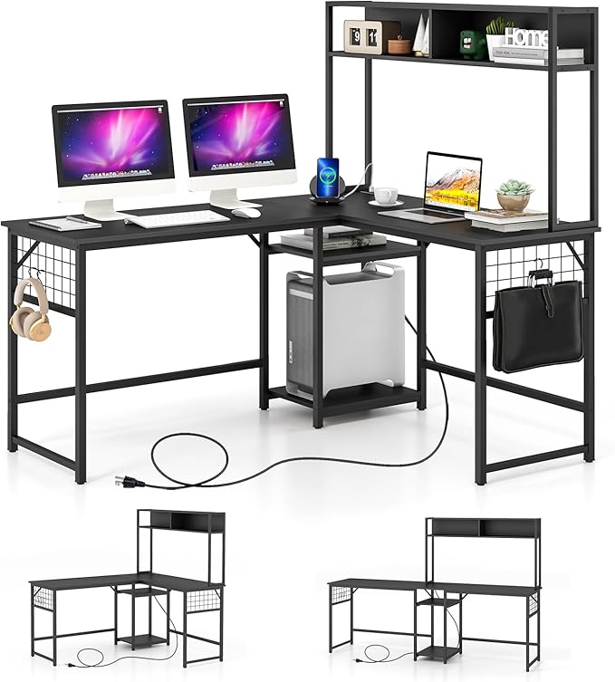 Tangkula L-Shaped Desk with Power Outlet Large Corner Desk Converts to 2-Person Long Desk with Hutch Computer Gaming Desk with CPU Stand &amp 3 Removable Hooks for Home Office (Black)