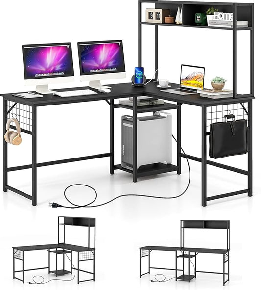 Tangkula L-Shaped Desk with Power Outlet Large Corner Desk Converts to 2-Person Long Desk with Hutch Computer Gaming Desk with CPU Stand &amp 3 Removable Hooks for Home Office (Black)