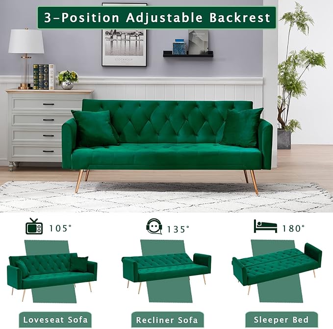 KINFFICT Velvet Futon Sofa Bed with 2 Pillows Convertible Sleeper Sofa Couch with 3 Angle Adjustable Backrest Modern Loveseat with 4 Golden Metal Legs for Living Room and Bedroom