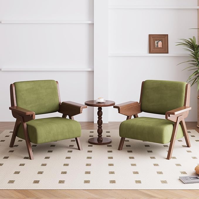 Accent Chair Set of 2 Mid Century Modern Chair Velvet Upholstered Lounge Arm Chair with Solid Wood Cozy Seating for Living Room Bedroom Balcony (Green)