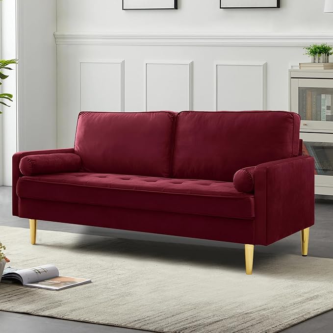 67 Modern Velvet Loveseat Sofa Couch Mid-Century Tufted Upholstered Small Love Seat Couch with 2 Pillows &amp 4 Golden Legs 2-Seats Couches for Compact Space Living Room Apartment (Burgundy)