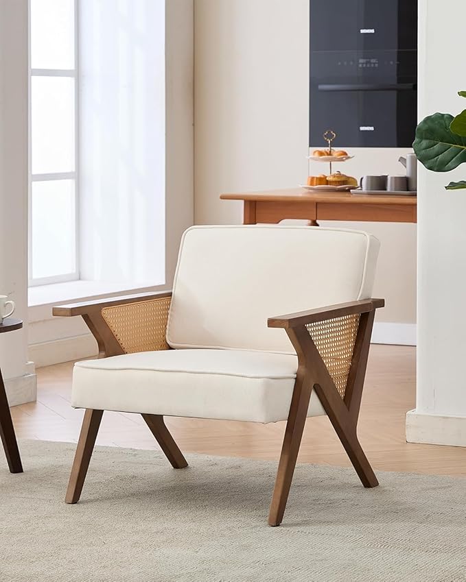 Linen Upholstered Accent Chair Mid Century Modern Vintage Rattan Vanity Chair with Wood Armrest and Legs for Living Room BedroomBeige