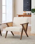 Linen Upholstered Accent Chair Mid Century Modern Vintage Rattan Vanity Chair with Wood Armrest and Legs for Living Room BedroomBeige