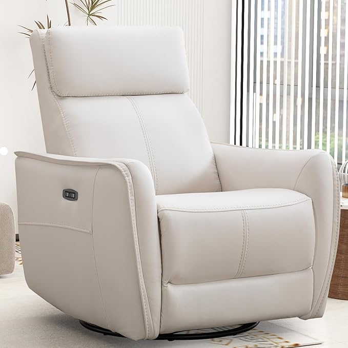 Bonzy Home Power Swivel Rocker Recliner Chair with USB Port Wide Seat Head &amp Lumbar Support Upholstered Glider Chair for Living Room Nursery Bedroom Cream White