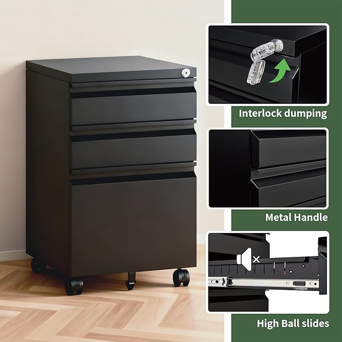 3 Drawer File Cabinet with LockRolling Mobile File Cabinet with Wheels for Home OfficeUnder Desk Metal Filing CabinetOffice Storage OrganizerFully AssembledBlack