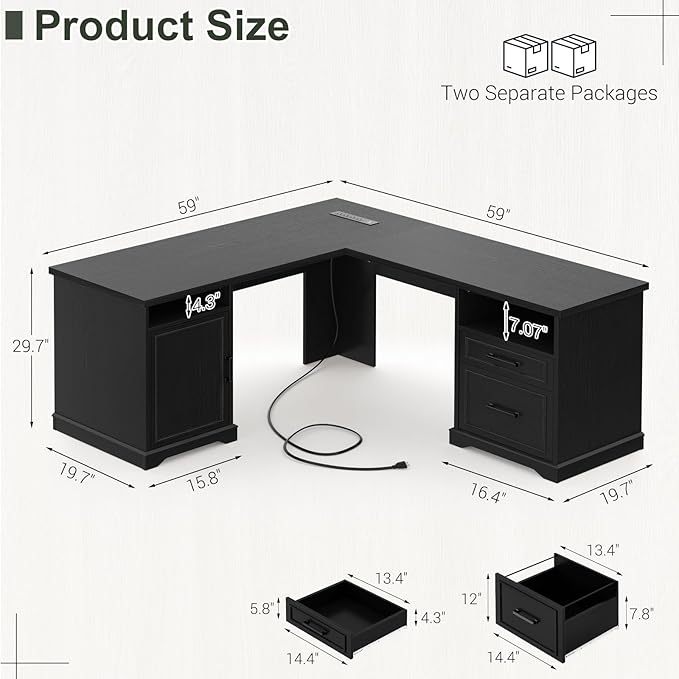 Unikito Farmhouse L Shaped Executive Desk with File Drawers 60 Corner Computer Desk with Power Outlets Large 2 Person Home Office Table with Storage Cabinet Sturdy Writing Desk Black
