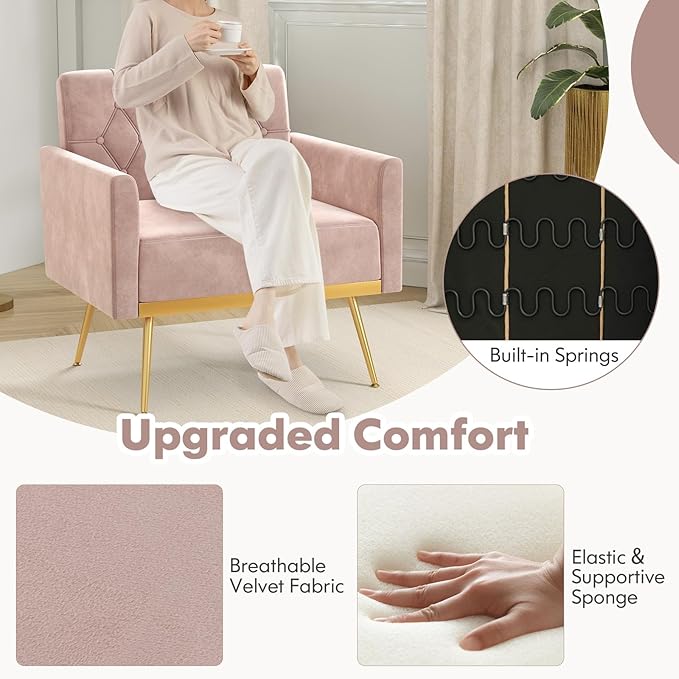 Modern Accent Chairs for Living Room Mid-Century Velvet Upholstered Arm Chair w/Gold Metal Legs Comfy Reading Armchair Tufted Single Sofa Chair Couch for Bedroom Office (1Pink)