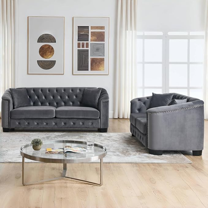 KEIKI 77+59 Chesterfield Sofa 3+2 Seater Velvet Couch with Nailhead Arms Tufted Backrests 4 Cushions for Living Room Bedroom Office Apartment Gray