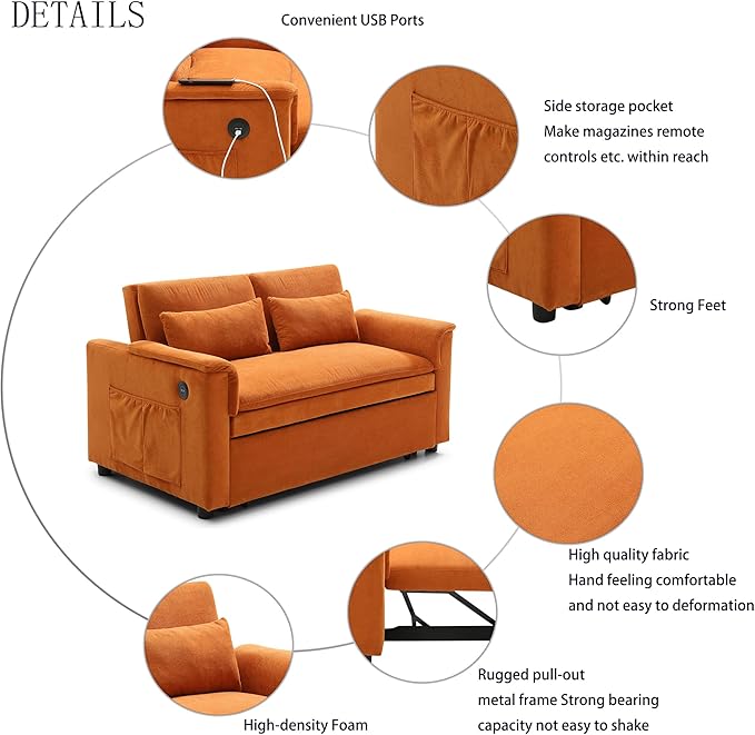 3 in 1 Convertible Sofa Bed with USB Ports - 55 Modern Velvet Sleeper Loveseat with Adjustable Backrest Pull-Out Bed 2 Pillows &amp Storage Pockets Space Saving (Orange)