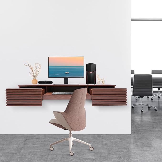 Wall Mounted Desk with Pull Out Drawer Floating Wall Organizer Laptop Computer Writing Study Table 15.5 D x 60 W x 9.5 H Space-Saving Wall Organizer Computer Desk for Home Office (Brown)