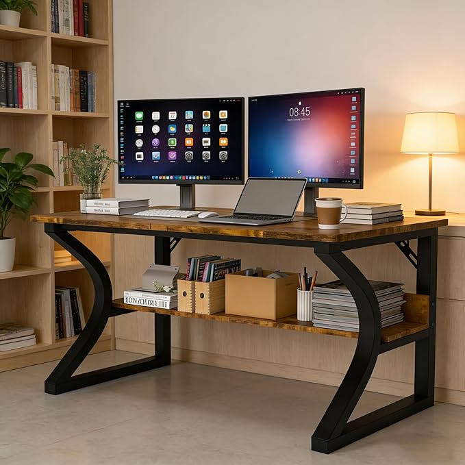 StarGraph Computer Desk 47 Inch Large Computer Desk with Storage Shelf Home Office Desk with C Shaped Metal Frame Writing Work Study Student Home Bedroom Office (Brown 47inch)