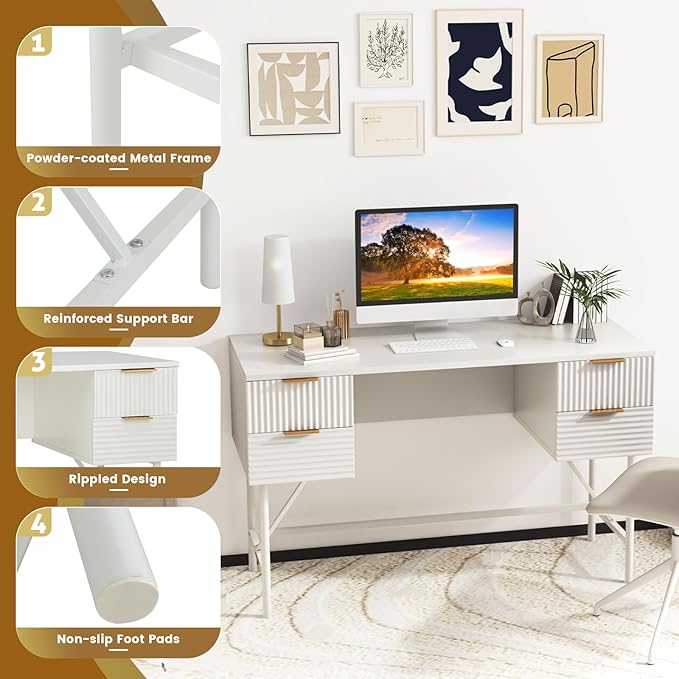 Tangkula White Desk with 4 Drawers 48 Inch Home Office Desk with Storage Modern Computer Desk Study Writing Desk with Metal Frame for Bedroom Study Office