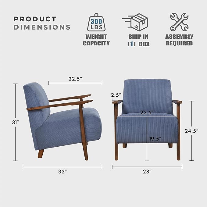 Lexicon Modern Accent Chair with Solid Wood Frame in Brown Finish Corduroy Fabric Upholstered Living Room Lounge Arm Chair Thick and Comfy Innerspring Seat Cushion Blue