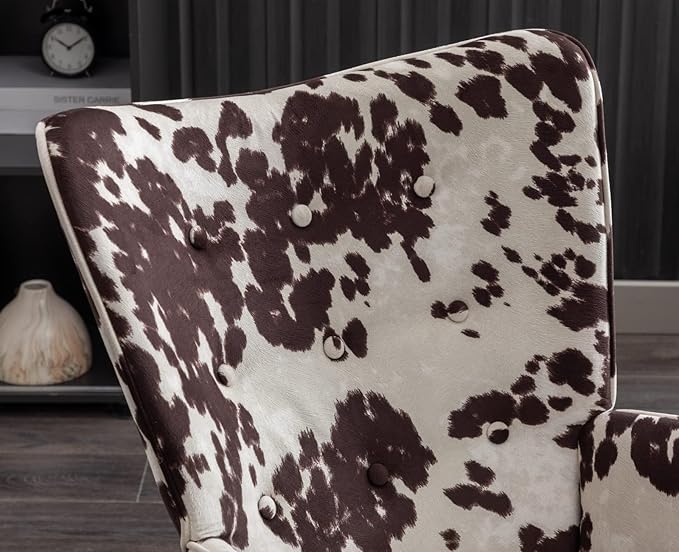 EALSON Nursery Rocking Chair Fabric Upholstered Rocker Chair Tufted Wingback Accent Chair with Wooden Base Modern Comfy Lounge Armchair for Bedroom Living Room Cow